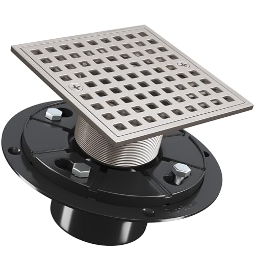 4 Inch Square Shower Drain, Brushed Nickel | ABS Flange & Hair Strainer, SUS 304 Stainless Steel, Removable Grid Cover, Anti-Clog - color: Brushed Nickel