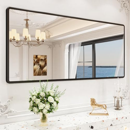 pertetey 60 x 28 in Rounded Rectangle Bathroom Mirror, Black Metal Frame | Black Metal Frame, Rounded Rectangle Design, Tempered Glass, Wall Mounted - size: 60"L x 28"W