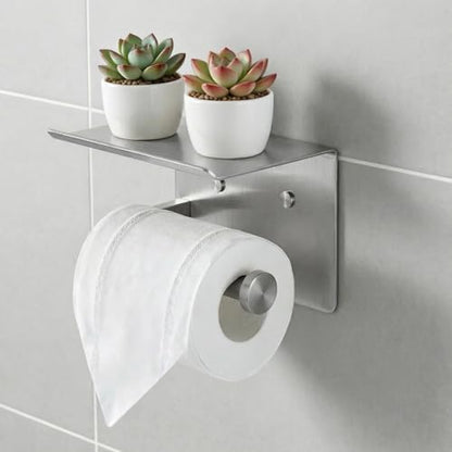 Toilet Paper Holder with Shelf, Heavy-Duty Stainless Steel Bathroom Hardware, Self-Adhesive No-Drill/Drill-Mount Wall-Mounted Roll Holder, Rust-Proof Bathroom Tissue Rack(Brushed Nickel) - color: Brushed Nicke