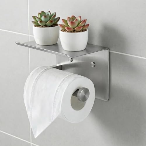Toilet Paper Holder with Shelf, Heavy-Duty Stainless Steel Bathroom Hardware, Self-Adhesive No-Drill/Drill-Mount Wall-Mounted Roll Holder, Rust-Proof Bathroom Tissue Rack(Brushed Nickel) - color: Brushed Nicke