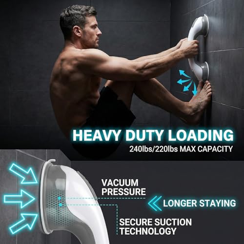 2 Pack Grab Bars for Shower - 12 Inch Suction Cup Shower Handle for Bathtubs, Strong Hold Bath Handles for Seniors, Handicap Safety Grip & Balance Assist, Tool-Free Installation