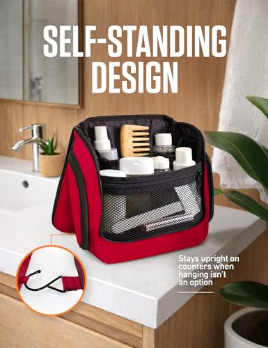 VENTURE 4TH Hanging Travel Toiletry Bag, 18 Compartments - Red | Hangs on rails, hooks or doors; stands upright. Removable TSA pouch. Water-resistant Nylon 290D Twill, reinforced stitching. - color: Red