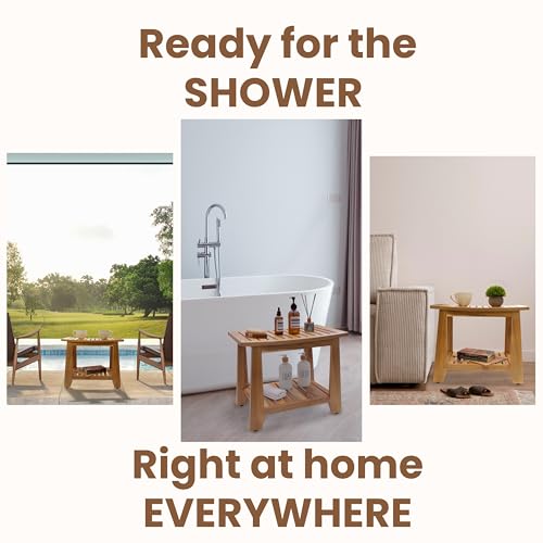 Teak Shower Bench Stool, 21'' Waterproof Wood Spa Bath Bench with Storage Shelf, Non-Slip Solid Teak Shower Seat Chair for Bathroom Inside Shower and Outdoor Use - size: 21''W x 13''D x 17''H