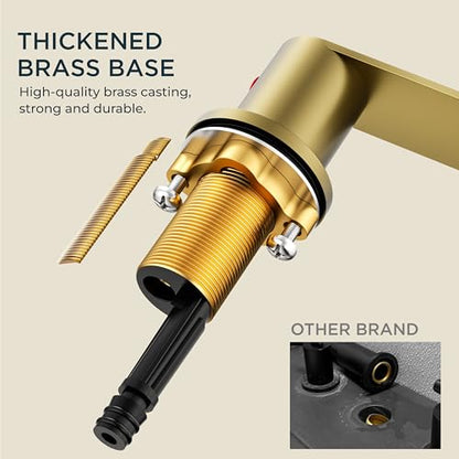 FORIOUS Bathroom Faucet 3 Hole Widespread Sink 8 Inch 2 Handle Brushed Gold | 3-hole 6-12 Inch Widespread Sink, Waterfall Faucets, with Drain and Hoses,for Vanity Rv Commercial Lavatory Restroom Basin - color: Brushed Gold