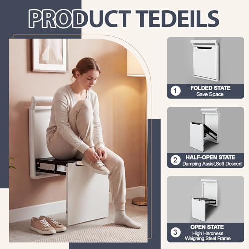 Geelin Foldable Wall Mounted Chair with Armrest, Heavy Duty Aluminum Alloy 500lb Capacity Shower Seat for Elderly and Pregnant Woman, Space Saving Shoe Changing Stool for Entryway, White