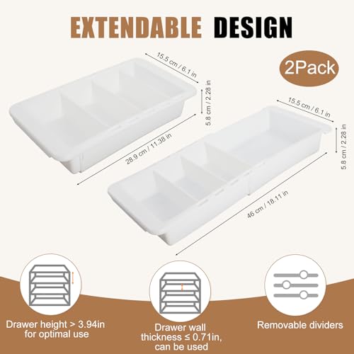 2 Pack Expandable Deep Drawer Organizer with Dividers, Sliding Drawer Tray | Adjustable Plastic Drawer Organizer with Removable Dividers for Kitchen, Bathroom, Bedroom & Desk Utensil Sorting, White