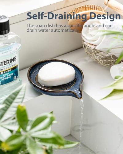 Zoeeker Self Draining Soap Dish, Ceramic Soap Holder with Waterfall Design | Shower Soap Dish with Drainage Round Soap Saver for Shower, Bathroom, Sink, Kitchen and Countertop, Brush Holder, Blue - color: Blue, size: Round