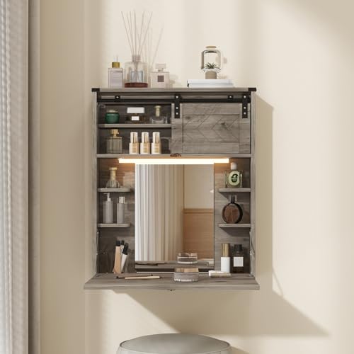 ARTETHYS Floating Vanity Desk with Mirror and Lights Small Wall Mounted Makeup Set with Storage Gray Farmhouse Dressing Table for Tiny Space - color: Grey
