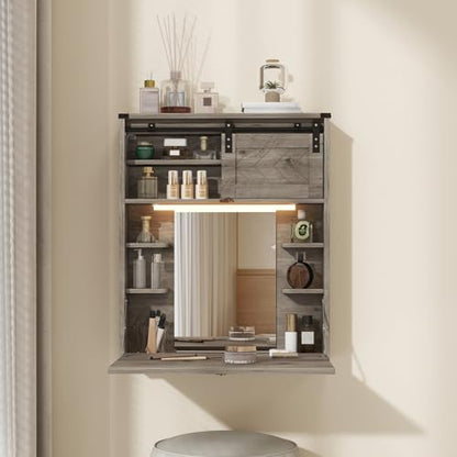 ARTETHYS Floating Vanity Desk with Mirror and Lights Small Wall Mounted Makeup Set with Storage Gray Farmhouse Dressing Table for Tiny Space - color: Grey