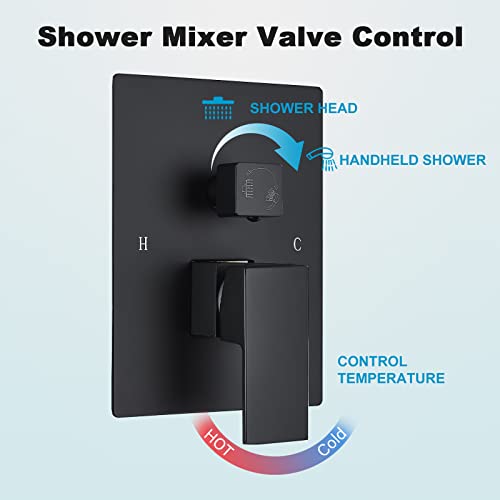 12 Inches Ceiling Mount Shower Faucets Sets Complete Shower System LED Rainfall Shower Head System Rough-in Valve Body and Trim Included Matte Black… - color: Matte Black, style: 12"-led