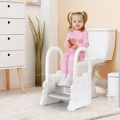 IDEALHOUSE Toddler Step Stool with Safety Handrails, Anti-Slip 2-Tier Kids Ladder, 300 Lbs Capacity, Minimalist Plastic Stool for Bathroom Sink, Kitchen Counter & Potty Training, Grey Step - color: Grey Step