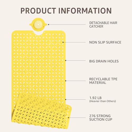 OTHWAY Bath Mat for Tub Non Slip: 39" X 17" Long Bathtub Mat with Hair Catcher│Big Drain Holes Shower Mats for Inside Shower│Machine Washable (Yellow) - color: Yellow