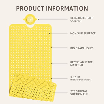 OTHWAY Bath Mat for Tub Non Slip: 39" X 17" Long Bathtub Mat with Hair Catcher│Big Drain Holes Shower Mats for Inside Shower│Machine Washable (Yellow) - color: Yellow