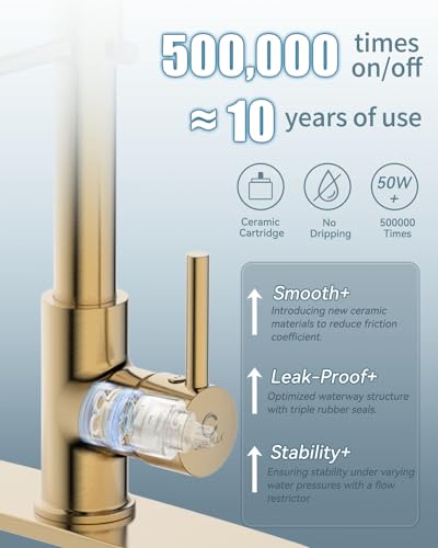 Kitchen Faucet, Brushed Gold Kitchen Faucet with Soap Dispenser and Deck Plate, Faucet for Camper Farmhouse RV Kitchen Sink, Single Handle Stainless Steel Kitchen Sink Faucets with Pull Down Sprayer - color: C-Brushed Gold, style: Contemporary