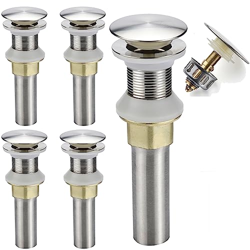 Rockgoya Bathroom Sink Drain,5 Pack Drain Stopper Bathroom Sink Without Overflow,Pop Up Drain Assembly with Detachable Strainer Basket,Built-in Anti-Clogging Strainer,Stainless Steel Brushed Nickel - color: Brushed Nickel-5 Pack, style: Without Overflow