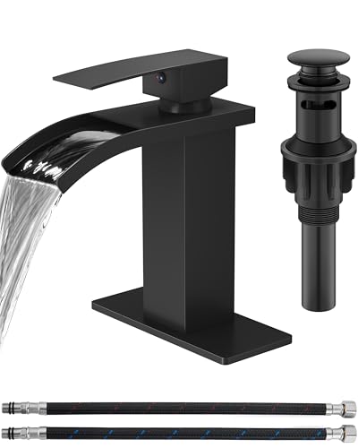 Matte Black Waterfall Bathroom Faucet 1-Handle Vanity Faucet | Stainless Steel Modern Bathroom Sink Faucet,Pop-Up Drain, Supply Lines 6-in Deck Plate, 1- or 3-Hole, NSF Certified - color: Black