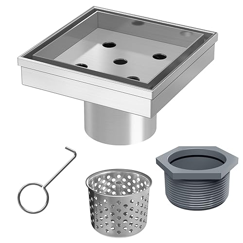 4 Inch Square Shower Drain with Tile Insert Grate, Brushed | 304 Stainless Steel, Square Tile Floor Drain for Bathroom, Removable Tile-In Drain Grate with Hair Strainer, cUPC Certified - size: 4 inch
