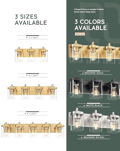 3-Light Brushed Gold Bathroom Vanity Light, Square Clear Glass Shade | 16.5" modern bathroom light fixtures over mirror, E26 base, bulbs not included, VL194-BG-3 - color: Gold, Square Glass Shade, size: 3-light