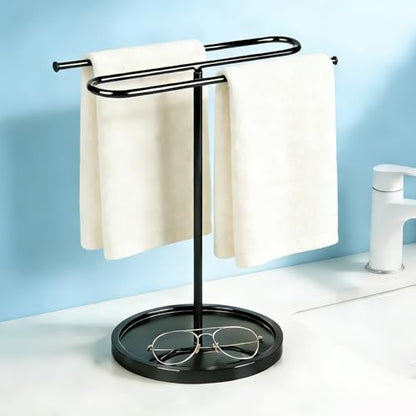 Free Standing Towel Rack for Bathroom Countertop - Upgraded S-Shaped Hand Towel Holder Stand, 14" Tall Rustproof Pedestal Towel Hanger for Vanity, Kitchen & RV, Heavy Duty Non-Slip Base, Black