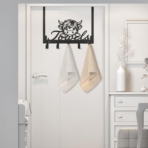 Kathfly Highland Cow Over the Door Hooks Highland Cow Towel Hooks Heavy Duty Hanging Towel Rack Over Door Hanger, 5 Coat Hanger for Bedroom Bathroom Kitchen, Black - color: Black, style: Highland Cow