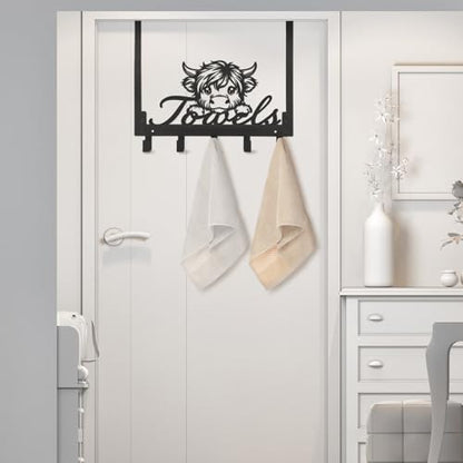 Kathfly Highland Cow Over the Door Hooks Highland Cow Towel Hooks Heavy Duty Hanging Towel Rack Over Door Hanger, 5 Coat Hanger for Bedroom Bathroom Kitchen, Black - color: Black, style: Highland Cow