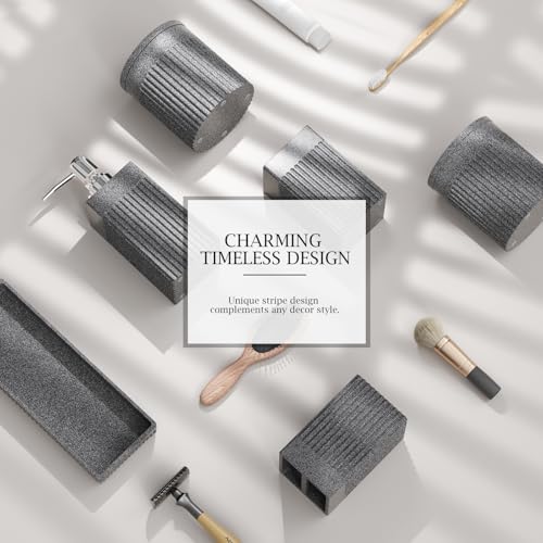 6-Piece Bathroom Set Grey - Stone Textured Resin Bathroom Organizer with Soap Dispenser, Toothbrush Holder, Vanity Tray, Tumbler & Cotton Swab Jars for Small Spaces - color: Grey