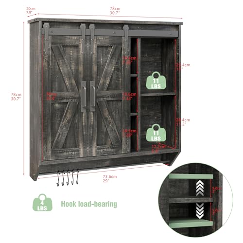 Trironsun Farmhouse Medicine Cabinet 2 Sliding Barn Doors 3 Tier Rustic Wood Wall Storage Cabinet Adjustable Shelf Towel Bar Wall Mounted Bathroom Wall Cabinet - color: Dark Rustic Oak