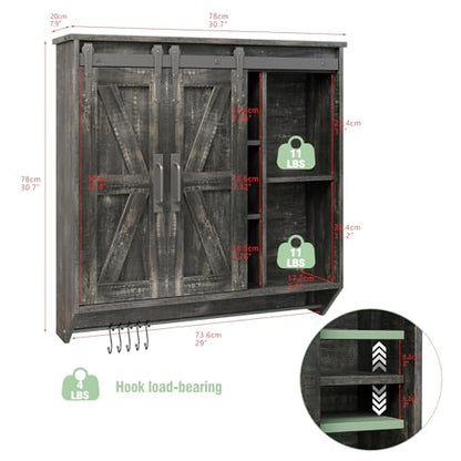 Trironsun Farmhouse Medicine Cabinet 2 Sliding Barn Doors 3 Tier Rustic Wood Wall Storage Cabinet Adjustable Shelf Towel Bar Wall Mounted Bathroom Wall Cabinet - color: Dark Rustic Oak