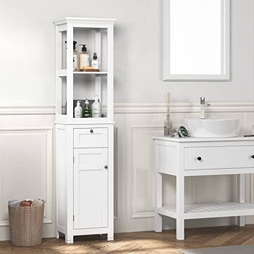 Spirich Bathroom Freestanding Storage Cabinet with Two Tier Open Shelves, Tall Slim Cabinet with Door and Drawer, Floor Linen Tower (White) - color: White