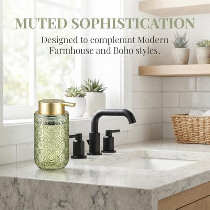 Green and Gold Glass Foaming Hand Soap Dispenser | Matte Gold Pump Embossed Glass Bottle Refillable Bathroom Kitchen Decor 13.5 oz - color: Green and Gold