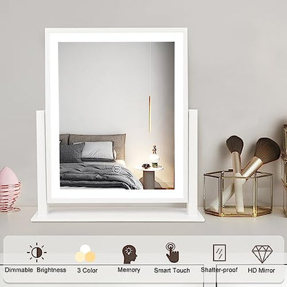 Beelux Vanity Mirror with Lights,15.3" Makeup Mirror with Light Smart Touch Control Dimmable 3 Modes Lighted LED Mirror 360°Rotation White for Christmas Birthday Thanksgiving Mother's Day - size: 15.2"L x 12.6"W