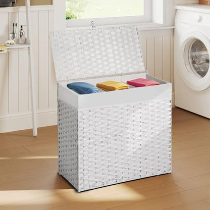 Greenstell Laundry Hamper with Lid, 125L Wicker Laundry Baskets with 2 Removable Liner Bags & 5 Mesh Laundry Bags, Handwoven Rattan Clothes Hamper with Handles for Clothes in Bathroom, Bedroom - color: Light White