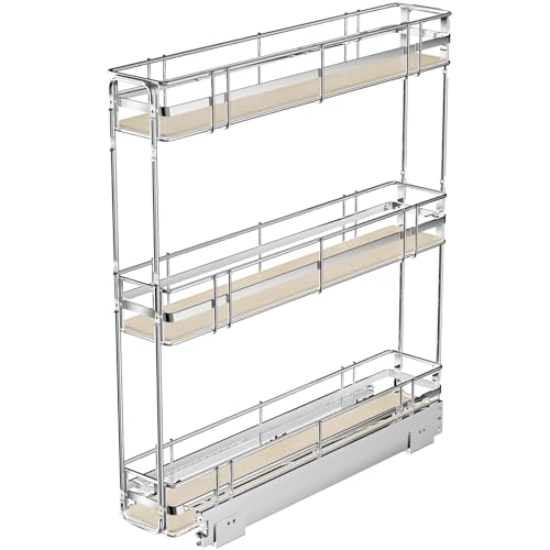 Pull Out Spice Rack Cabinet Organizer 5" W x 20½" D, 3 Tier Heavy Duty Slide Out Wood Shelf for Narrow Cabinet, Pull Out Storage for Kitchen - size: 5" W x 20½" D
