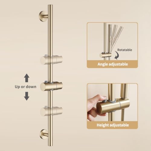 Shower Slide Bar with Handheld Sprayer 2 Modes Handle Shower 59" SUS304 Stainless Steel Hose Shower Height and Angle Adjustable Wall Mounted Bathroom Shower System Remodel Hardware Brushed Gold - color: Brushed Gold-Round