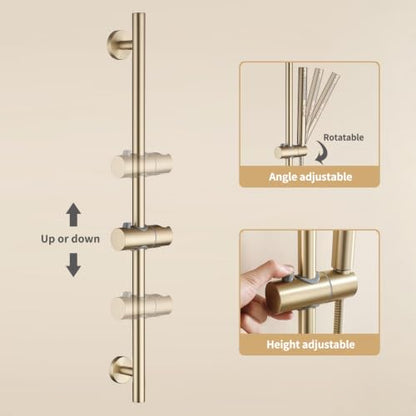 Shower Slide Bar with Handheld Sprayer 2 Modes Handle Shower 59" SUS304 Stainless Steel Hose Shower Height and Angle Adjustable Wall Mounted Bathroom Shower System Remodel Hardware Brushed Gold - color: Brushed Gold-Round