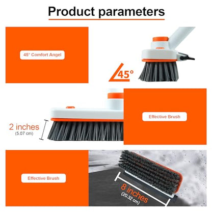 Floor Scrub Brush with Long Handle, 3 in 1 Extendable Stiff Bristle Scrape Brush, 60-In Shower Scrubber Brush with Squeegee and 2 Replacement Heads for Cleaning Bathroom Kitchen Deck Tub Tile