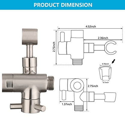 PDPBath Solid Brass 3 Way Shower Arm Diverter Valve with Handheld Holder for Dual Shower Heads with G1/2 Universal Connection - Brushed Nickel - color: Brushed Nickel-2