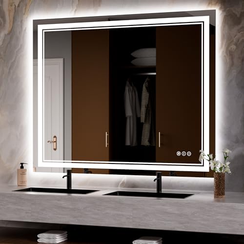 44x36 Inch LED Bathroom Mirror with Lights | Front and Backlit, 3 Colors, Dimmable, Memory, Anti Fog, Shatterproof, Horizontal/Vertical, Lighted Mirrors for Bathroom Wall - color: Dual Lights, size: 44"L x 36"W