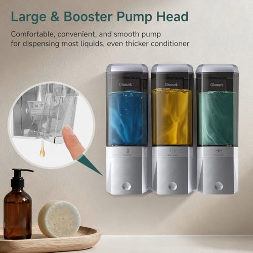 Shampoo and Conditioner Dispenser Wall Mounted No Drill, Shower Soap Dispenser 3 Chamber Shampoo Conditioner Body Wash Refillable 3 * 17oz Shower Soap Dispenser for Bathroom Hotel, Silver+Smoke Gray - color: Silver-smoke Gray-3
