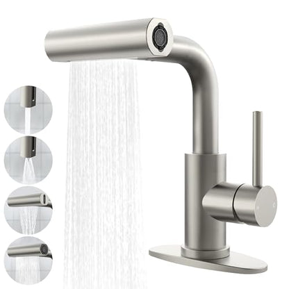 Brushed Nickel Bathroom Faucet with Sprayer - Brushed Nickel Bathroom Faucets for Sink 1 Hole or 3 Holes, 4 Mode Single Handle Vanity Faucet Waterfall Bathroom Faucet with Pull Down Sprayer (No Drain) - color: Brushed Nickel