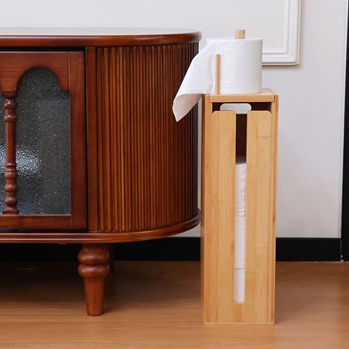 Bamboo Toilet Paper Holder Stand with Storage Shelf Box, Freestanding Bathroom Tissue Organizer and Wipes Dispenser, Reversible Use Lid, Eco-Friendly Natural Wood Home Decor Gift