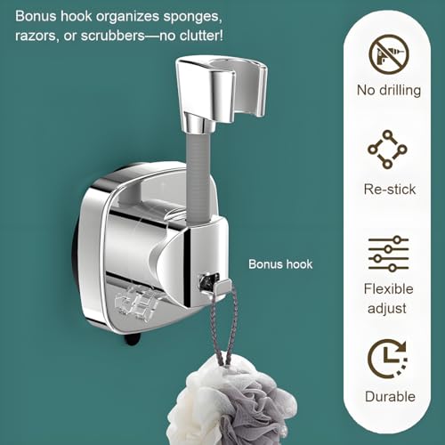 Suction Cup Shower Head Holder - Angle Adjustable Spring Arm, Flexible Wall Mount Shower Hose Holder, Removable Hand Held Shower Bracket with Vacuum Lock & Bonus Hook for Bathroom, Kitchen - color: Silver