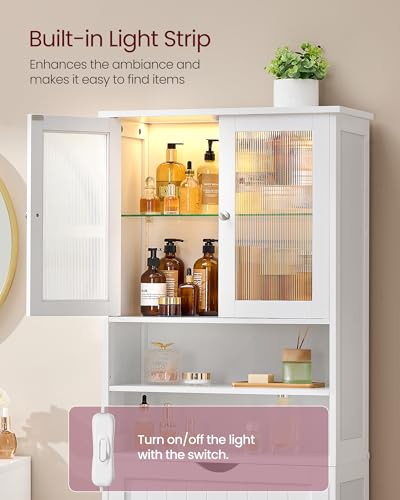 VASAGLE Storage Cabinet with LED Lights, Freestanding Storage Unit with Adjustable Shelves, Drawer, Open Compartments, for Bathroom, Living Room, Kitchen, Cloud White UBBC767WH01S - size: 11.8"D x 23.6"W x 69.9"H, style: 4 Doors + 2 Open Compartments+LED