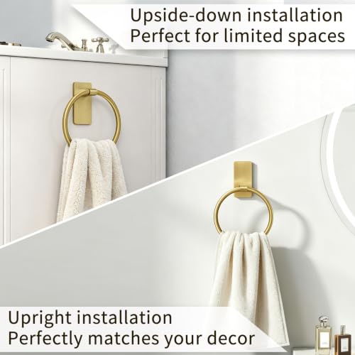 STWWO Gold Towel Ring for Bathroom, Adhesive Hand Towel Holder for Bathroom, Kitchen, No Drill | for Bath RV Kitchen, Self Adhesive Wall Mounted, No-Drill Stick On, Brushed Gold - color: Gold