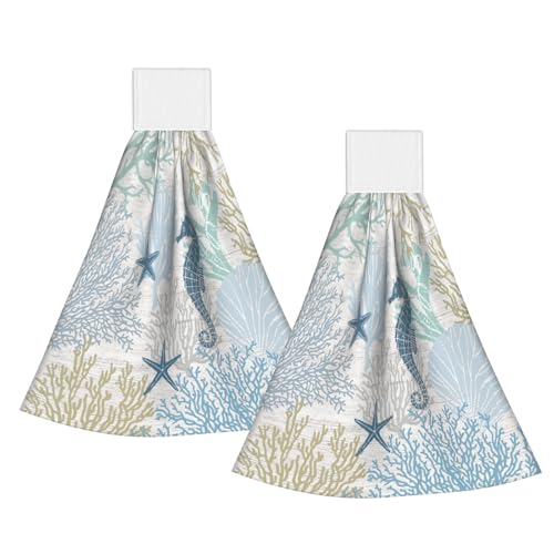 Giwawa Coastal Coral Kitchen Hanging Towel Set of 2 Summer Ocean Seahorse Dish Tea Bar Loop Hook Towels Washcloth for Bathroom Laundry Room Decor - color: Coral Seahorse