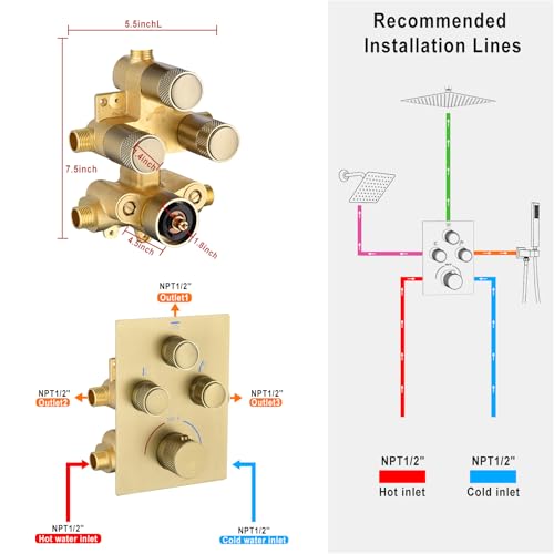 Dual Shower Heads Shower System with 16" Ceiling Mounted Rain Shower Head & 6" Wall Mounted Head Full Body Shower System 3 Way Thermostatic Shower Valve Can All Run Together, Brushed Gold - color: Brushed Gold, style: 16inch+6inch