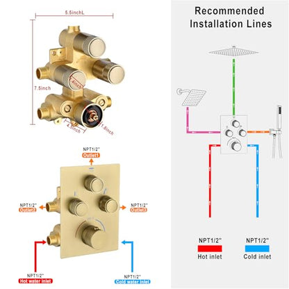 Dual Shower Heads Shower System with 16" Ceiling Mounted Rain Shower Head & 6" Wall Mounted Head Full Body Shower System 3 Way Thermostatic Shower Valve Can All Run Together, Brushed Gold - color: Brushed Gold, style: 16inch+6inch