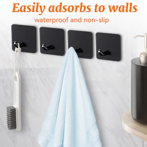 4 Pcs Stainless Steel Adhesive Hooks, Heavy Duty Waterproof Wall Hooks for Hanging Hat,Towel Robe Hook Rack WallMount- Bathroom and Bedroom (Square Black) - color: Black, size: Square