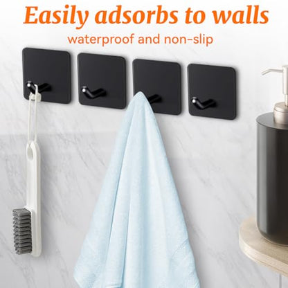 4 Pcs Stainless Steel Adhesive Hooks, Heavy Duty Waterproof Wall Hooks for Hanging Hat,Towel Robe Hook Rack WallMount- Bathroom and Bedroom (Square Black) - color: Black, size: Square