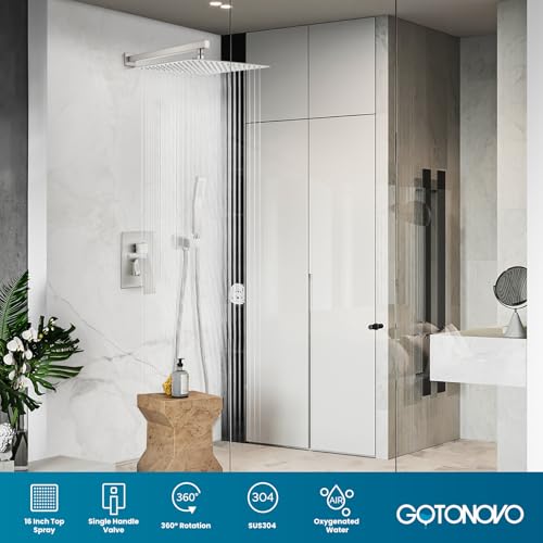 gotonovo Rainfall Bathroom Shower System Rain Shower Head and Handle Set Wall Mounted Shower Complete Combo Solid Brass Pressure Balancing Shower Mixer Valve 16 Inch Brushed Nickel - color: Brushed Nickel, size: 16 Inch